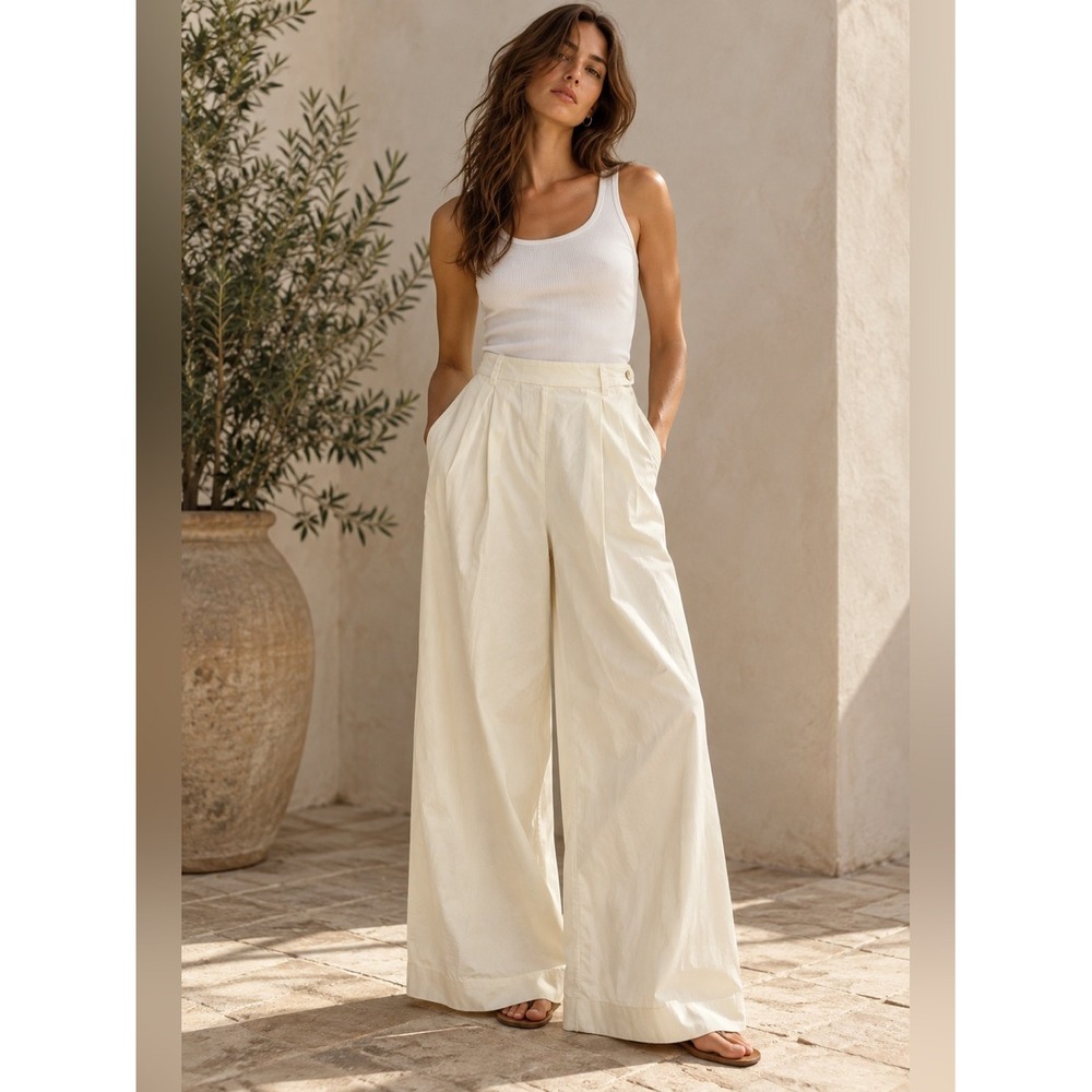 DOEN Salt Cotton High Rise Pleated Wide Leg Trousers Pants Ivory 12 1557-3133